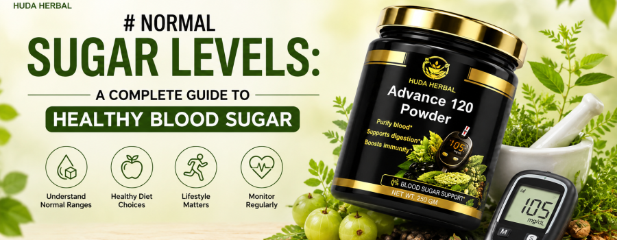 Normal Sugar Levels: A Complete Guide to Healthy Blood Sugar with Huda Herbal Advance 120 Powder and glucose meter